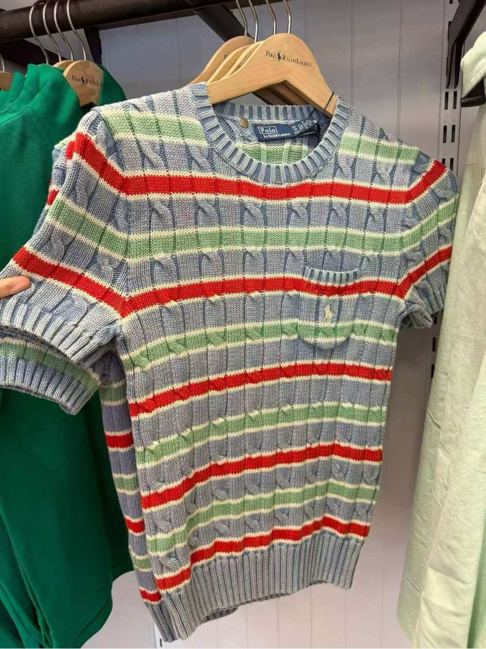 Polo by Ralph Lauren Blue Cable-Knit Stripe Sweater with Red & Green Stripes